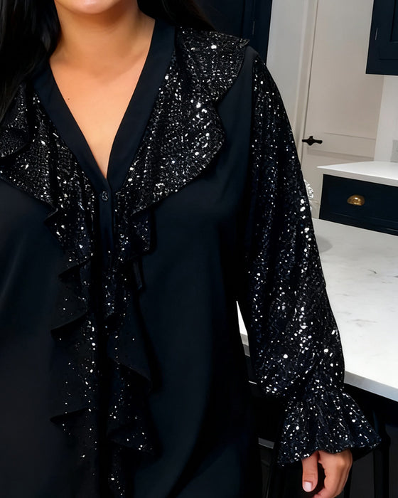 Plussize Bluse Med Rysjer Og Paljetter