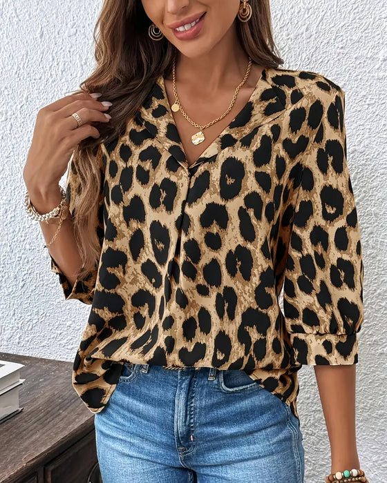 Bluse Halvlange Ermer Leopardprint Løs