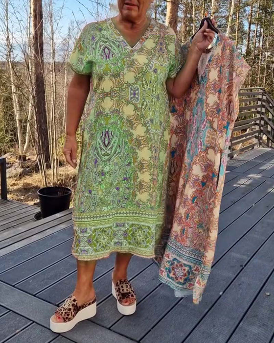 Kjole V-Hals Kortermet Mønstret Rett