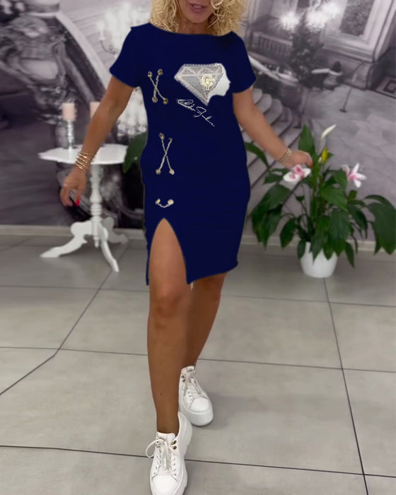 Kjole Trykket Tettsittende Splitt