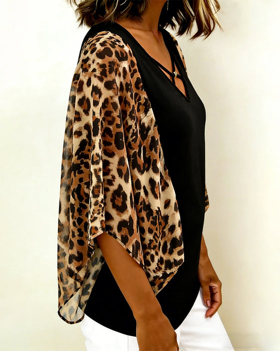 Bluse Flaggermuserme Leopardtrykk Lappeteknikk