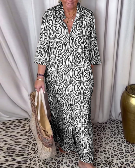 Vintage printet maxikjole med jakkeslag og lomme