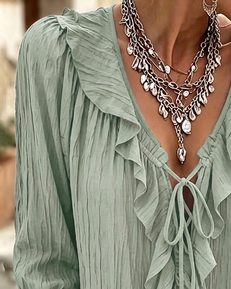 Bluse Ruffle Trim Knyting Lang Erme