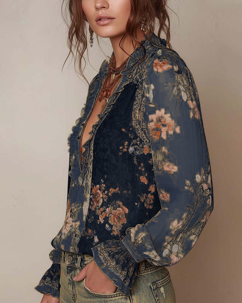 Halvglidelås Blomstertrykk Bluse