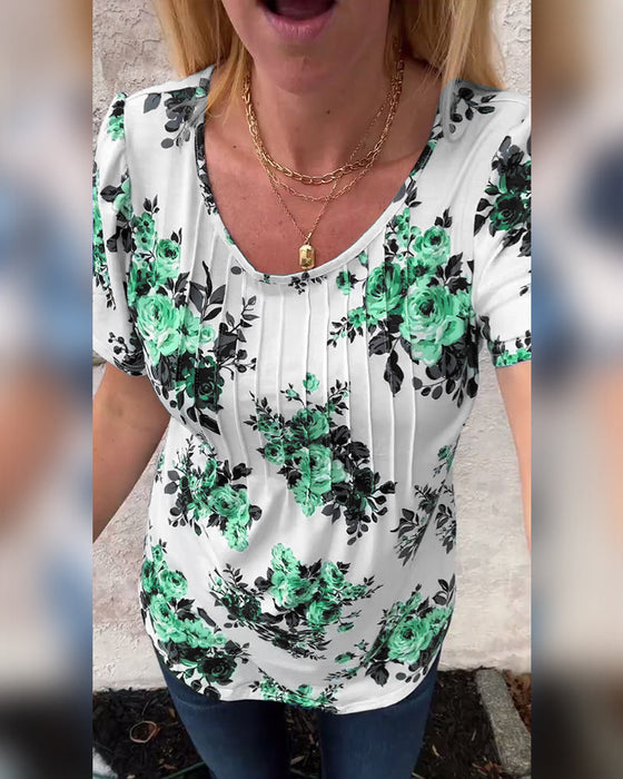 T-Skjorte Med Rund Hals Blomstertrykk Plissért