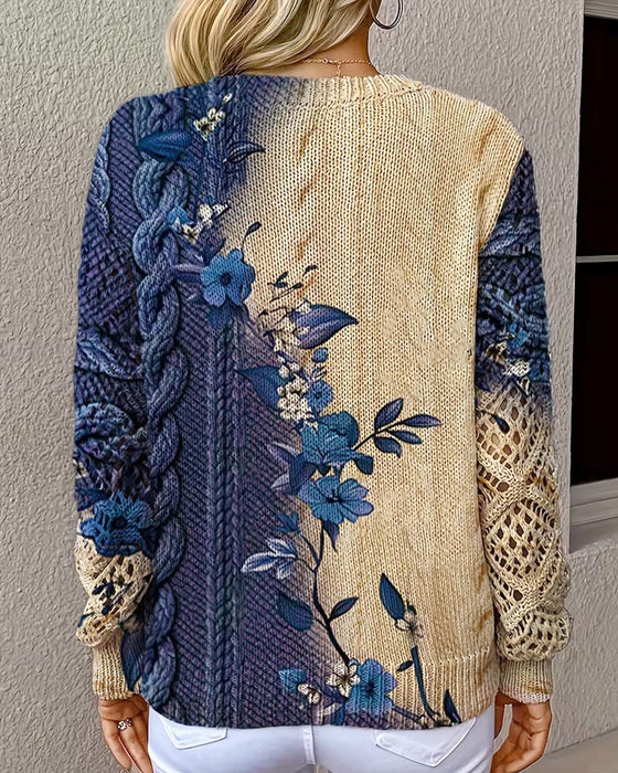 Pullover Gradient Fargeblokk Blomstret V-Hals Uthuling
