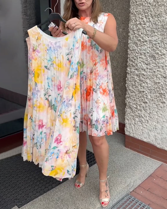 Kjole Ermeløs Plissert Blomstret