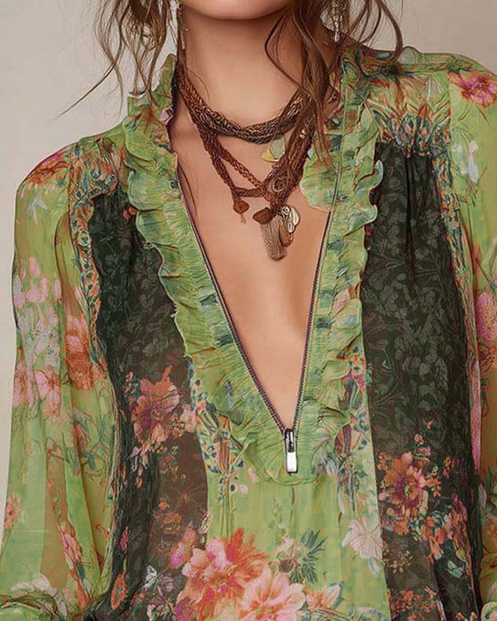 Halvglidelås Blomstertrykk Bluse