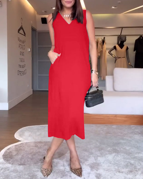 Kjole avslappet v-hals ermeløs ensfarget splitt