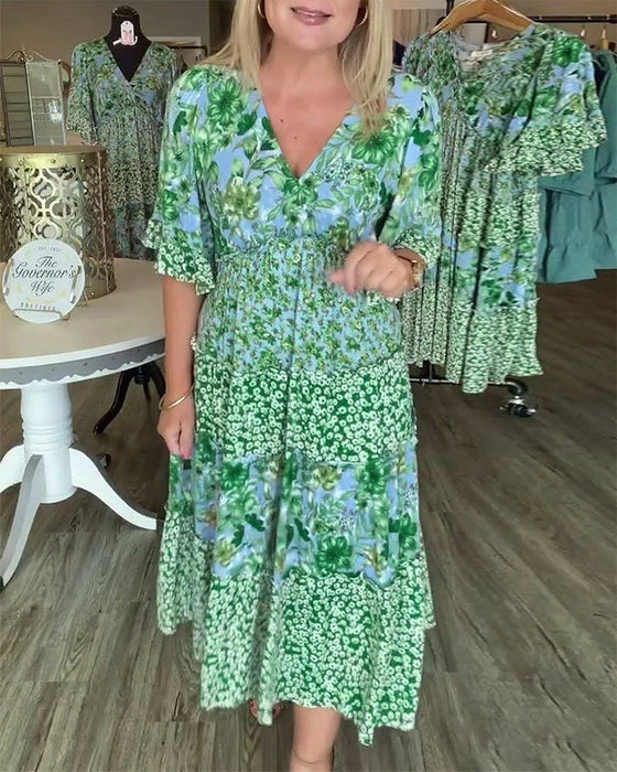 Kjole V-Utringning Lotusserm Blomstret