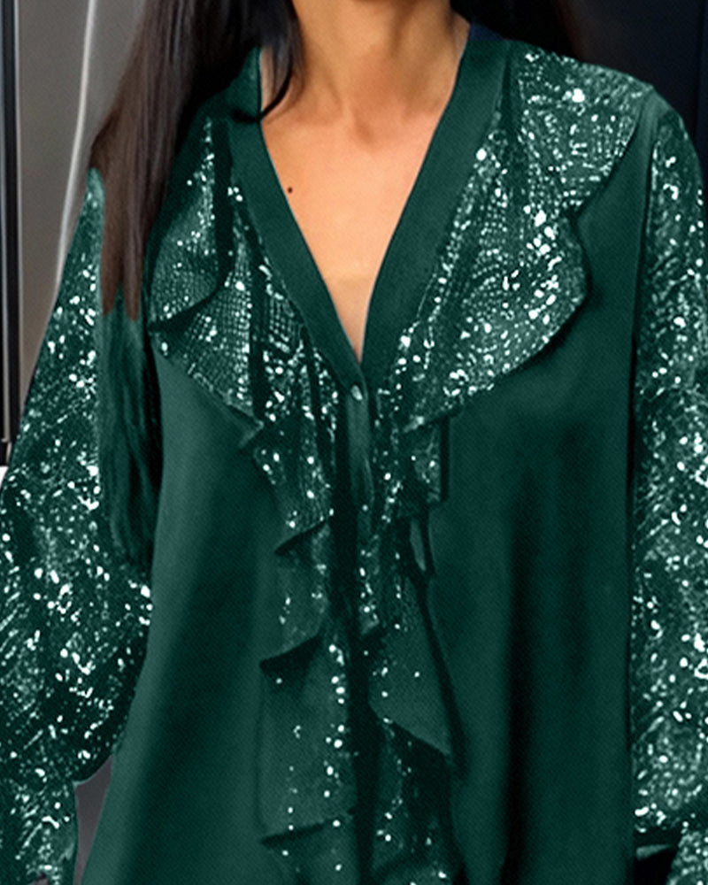 Helfarget Løstsittende Bluser Med Rysjer