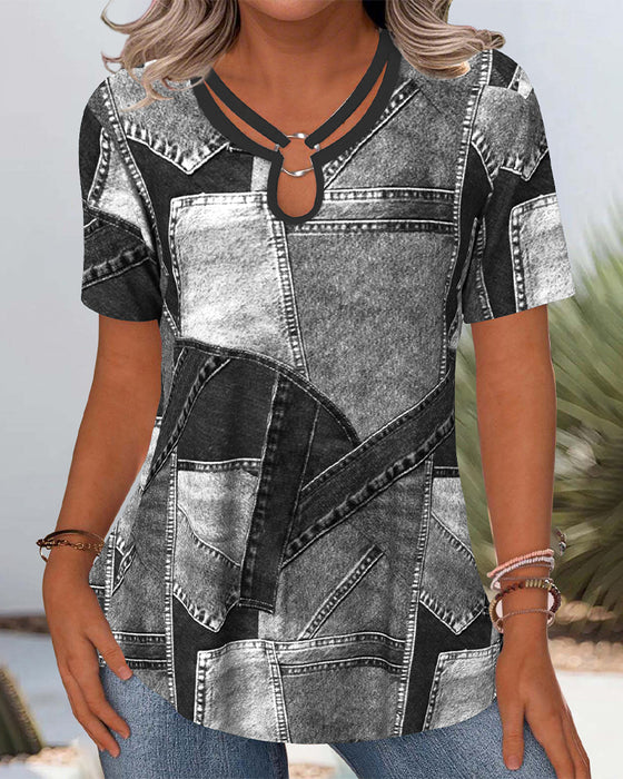 Bluse Vintage Denim Kontrast Utskjæring