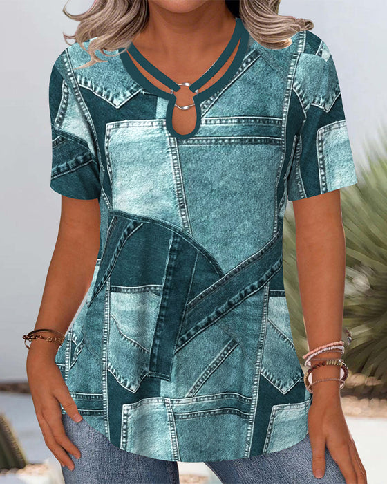 Bluse Vintage Denim Kontrast Utskjæring