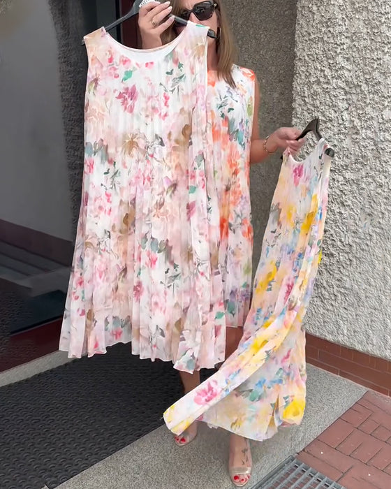 Kjole Ermeløs Plissert Blomstret