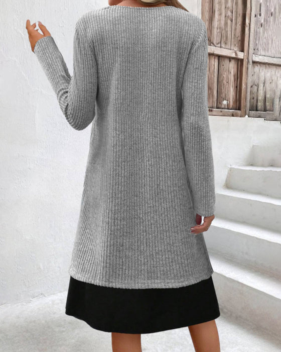 Patchwork, ribbet kjole med lange ermer