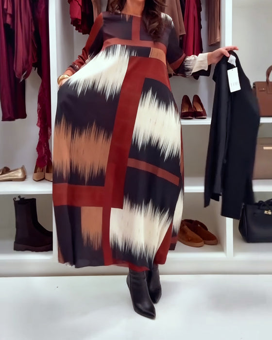 Stilfull Trykt Kjole Med Rund Hals Og Lange Ermer