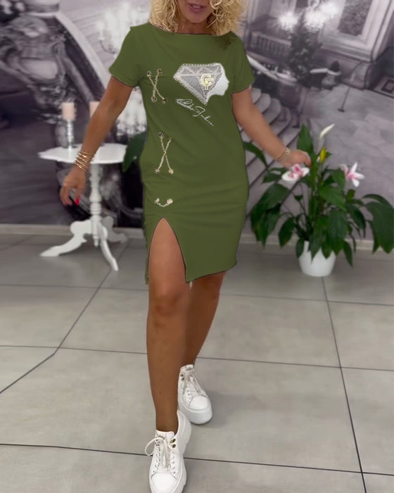 Kjole Trykket Tettsittende Splitt