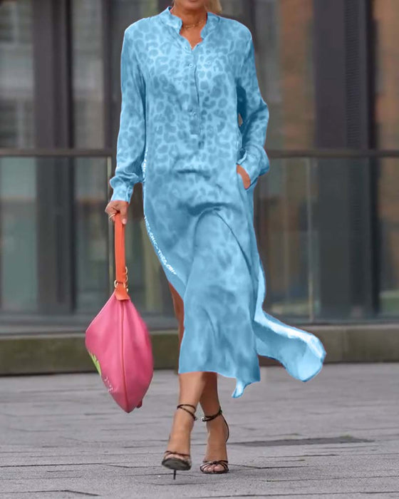 Kjole Langermet Leopardskrift Splitt