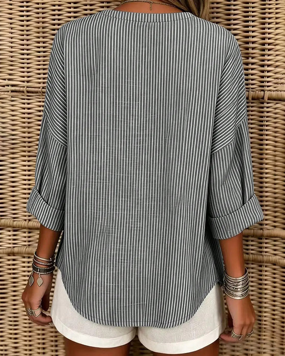 Topp V-Hals Stripe Uregelmessig Lang Erme