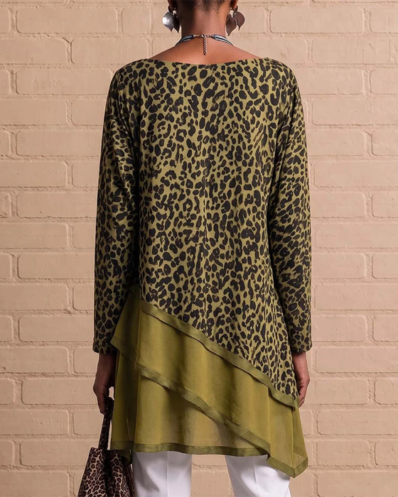 Leopardmønstret Topp Med Asymmetrisk Kant