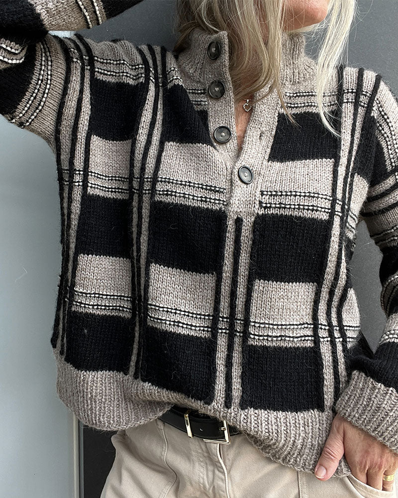 Pullover Knapp Turtleneck Rute Fargeblokk