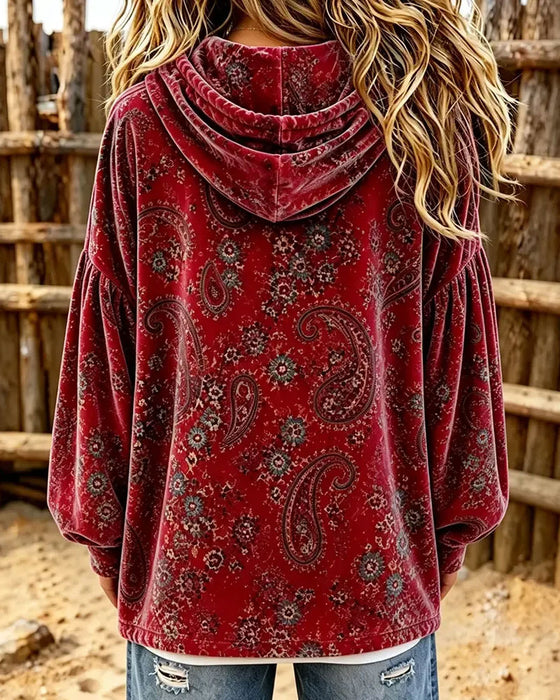 Hoodie Paisley Trykk Fløyel