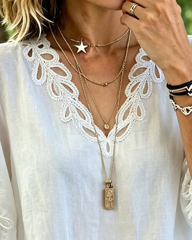 Bluse Hollow Out Blonder V-Hals