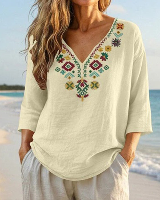 Bluse V-Hals Bohemisk Trykt