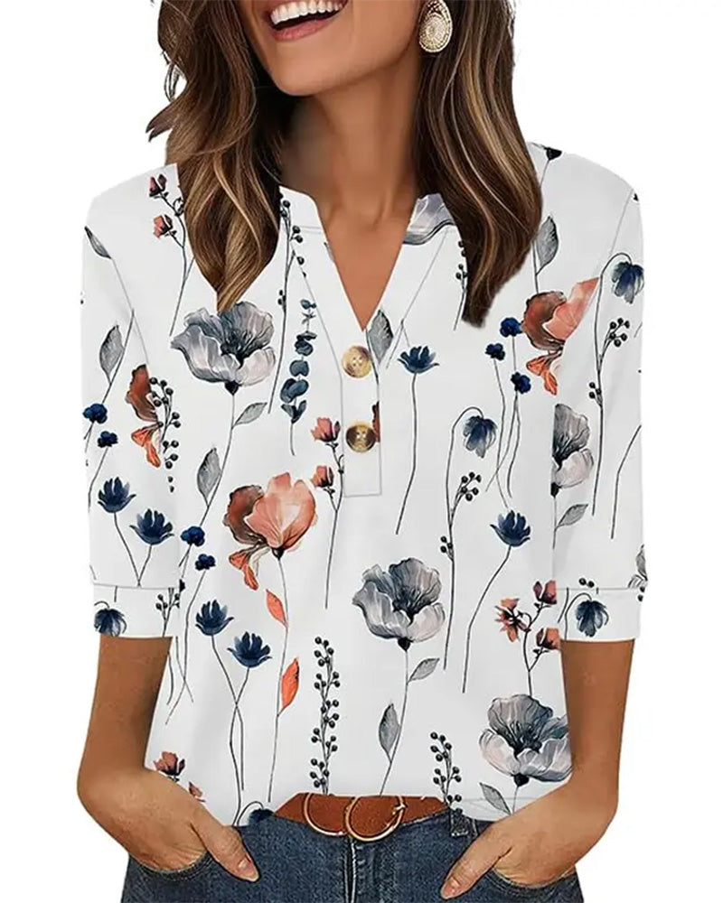 Bluse V-Hals Knappet Trekvart Erme