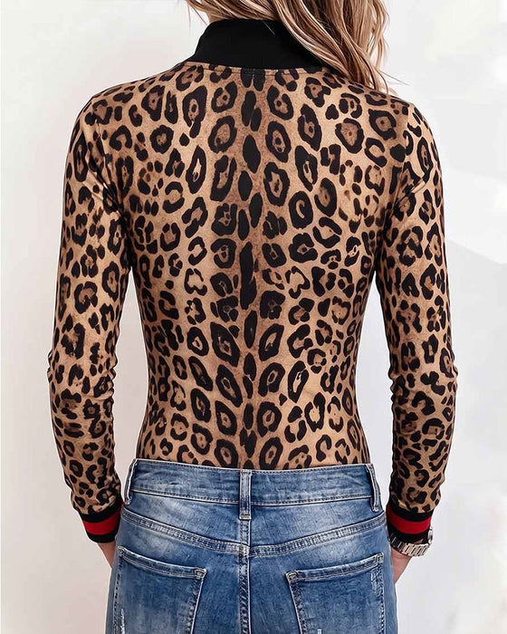 Topp Leopardmønster Halv-Zip Langermet