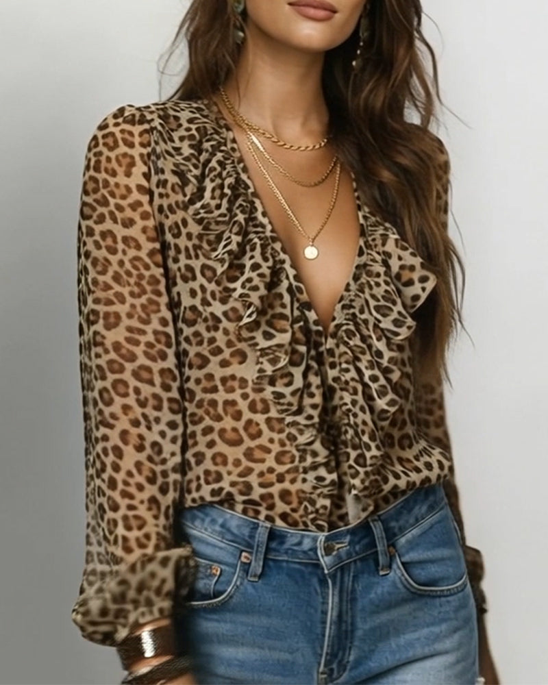 Bluse Rysjekrage V-Hals Leopardprint