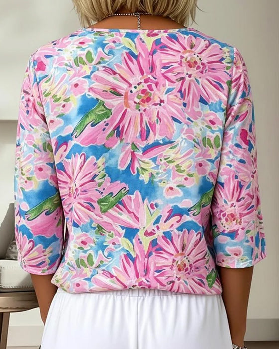 Bluse Blomstret V-Hals Halv Erme