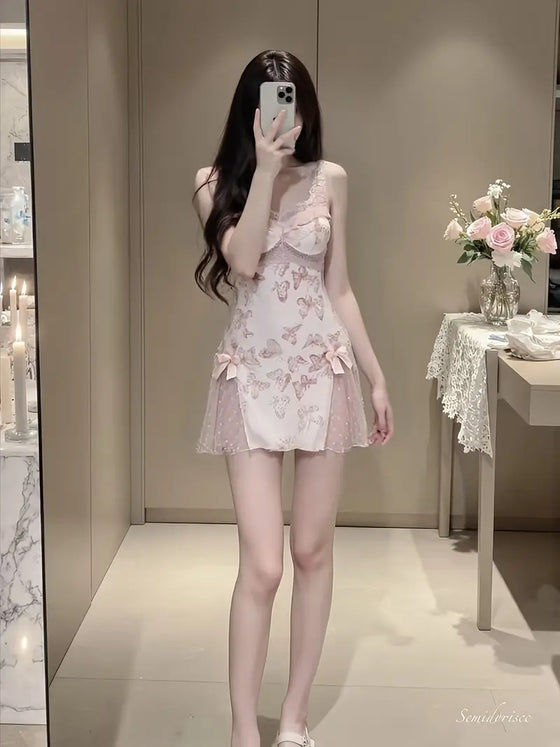 Dame Slim Fit Nattkjole Med Lav V-Hals Snøring Sommerfuglprint Topp Og Ryggløs Lounge-Sett