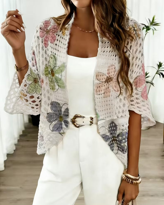 Cardigan Uthuling Blomstertrykk Strikket