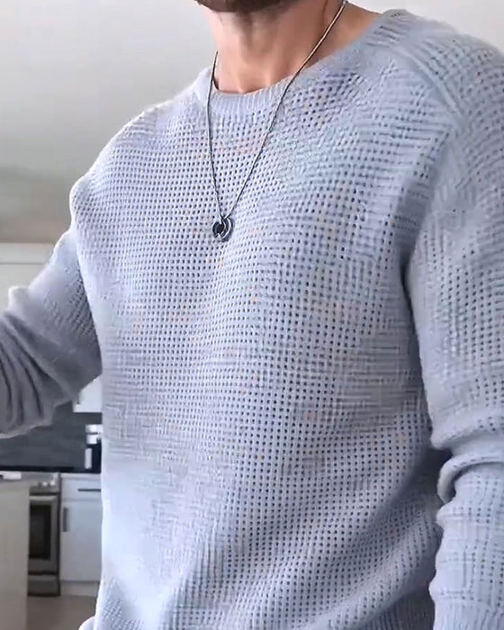 Pullover Herre Rund Hals Vaffel Langermet