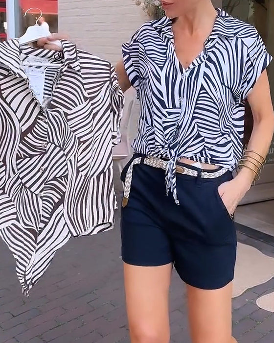 Bluse Sebra Trykk Jakkeslag Kort Erme