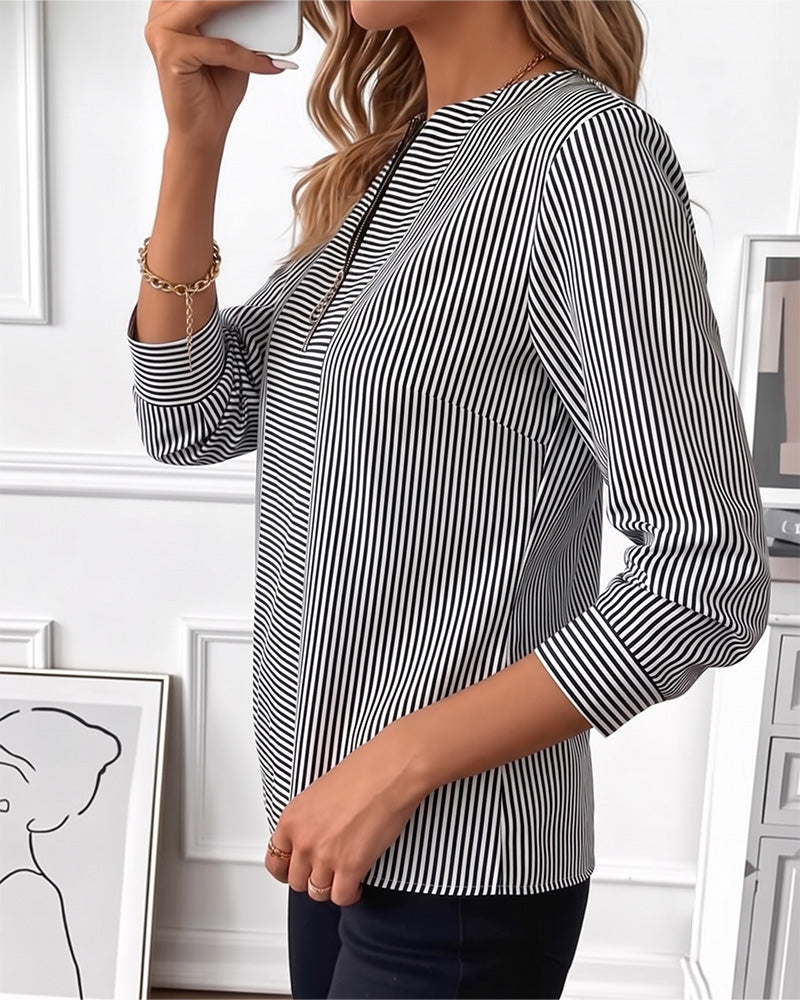Bluse Stripet Patchwork Glidelås Opp