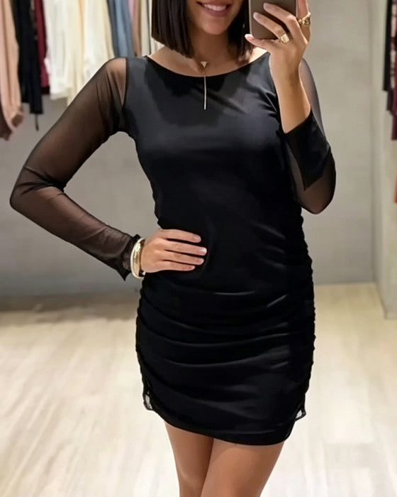 Kjole Rund-Hals Mesh Rynket Slim