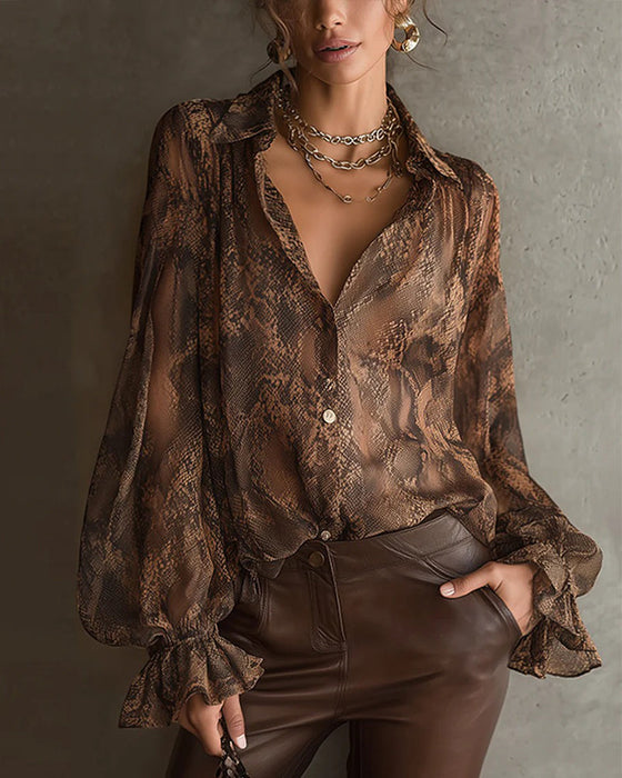 Bluse Moteriktig Flounce Erme Trykt
