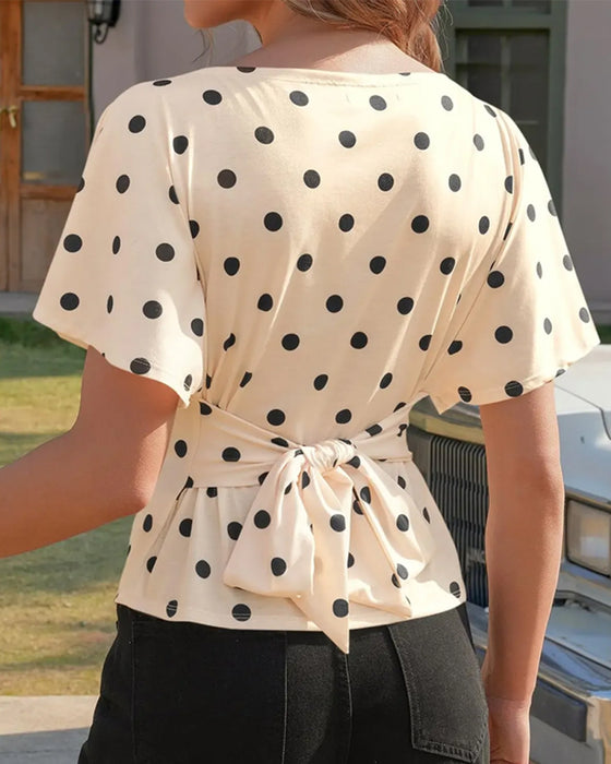 T-Shirt Prikket Midjekniping Rund Hals Kort Erme