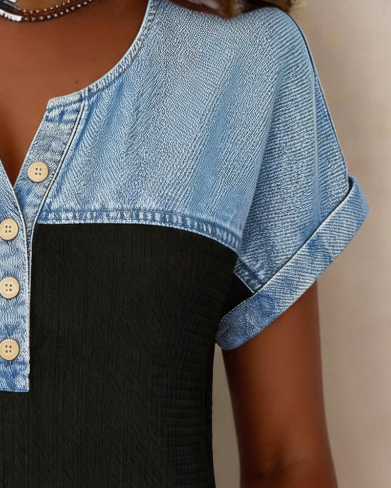 Bluse Denim Patchwork Kort Erme