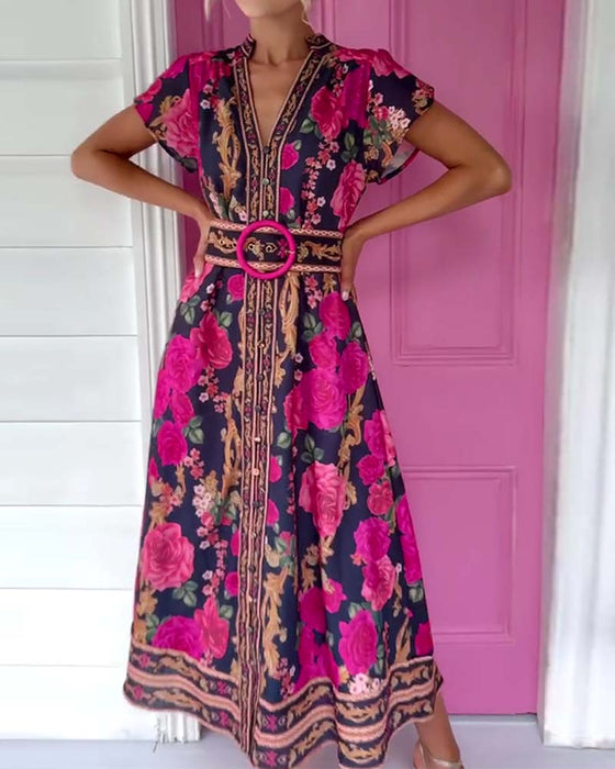 Kjole V-Hals Rose Trykk