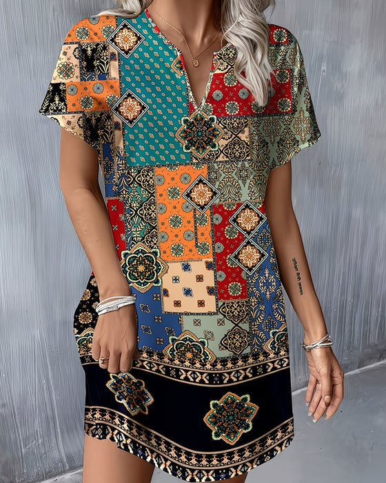 Kjole Etnisk Fargeblokk Kort Erm