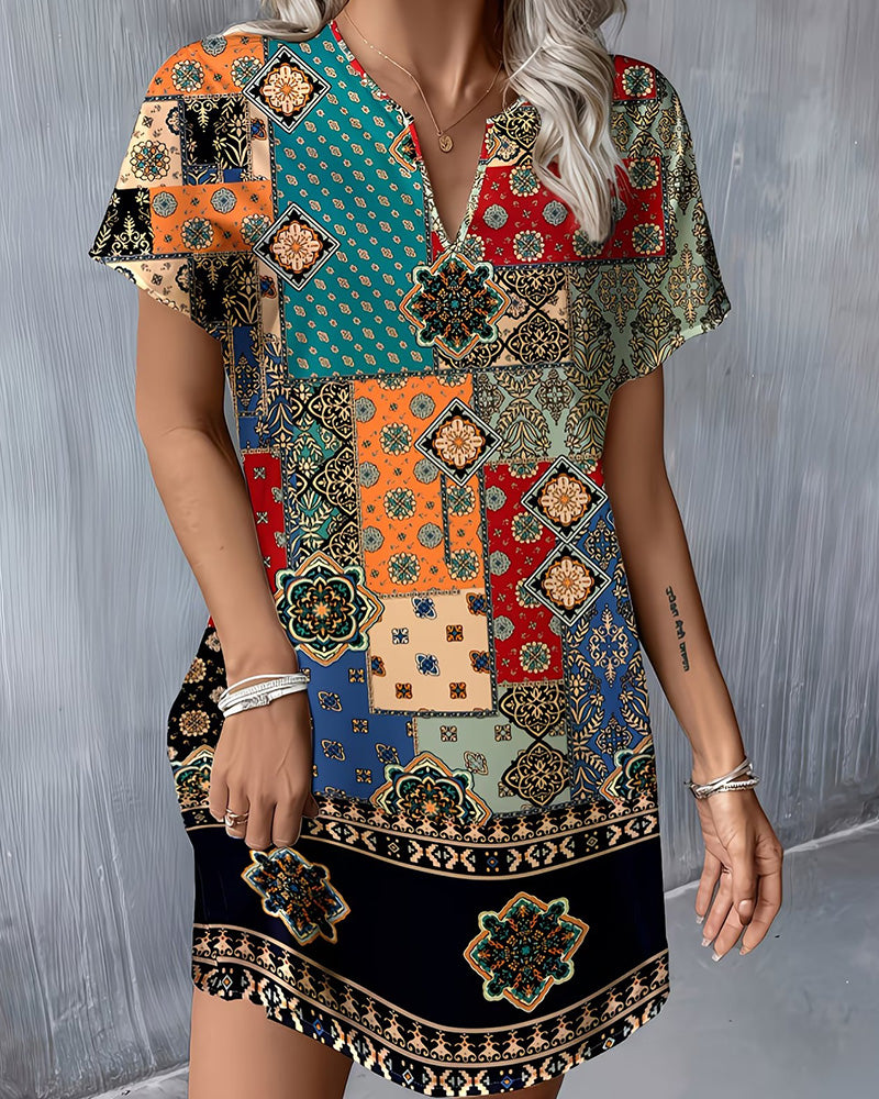 Kjole Etnisk Fargeblokk Kort Erm