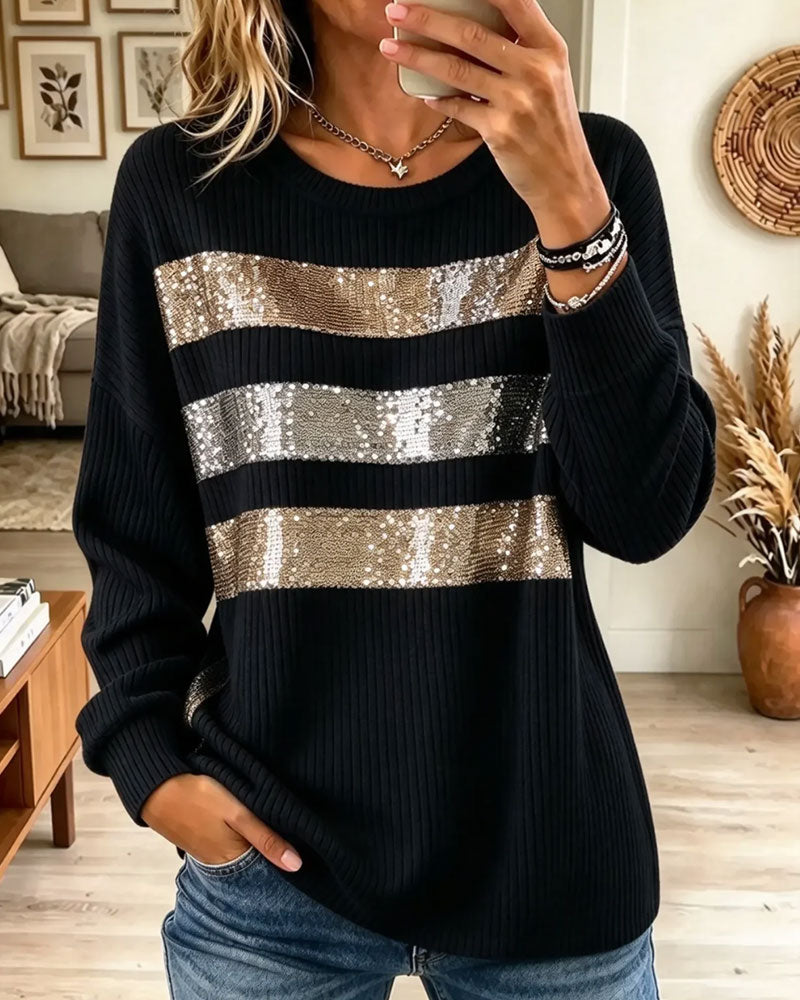 Topp Horisontal Stripe Casual Lang Erme