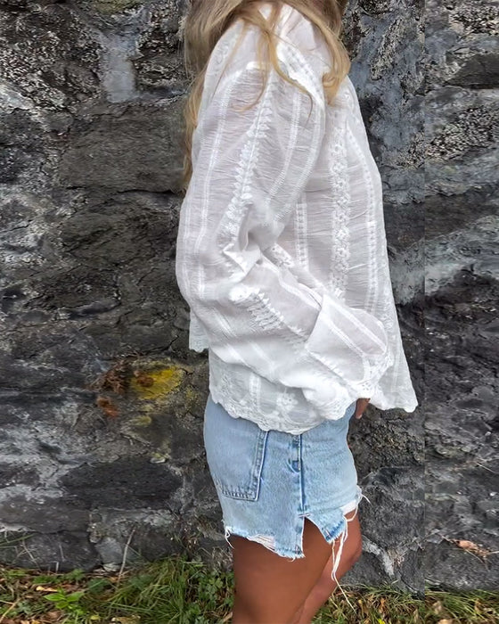 Skjorte Brodert Hulldesign Polo Krage Uformell