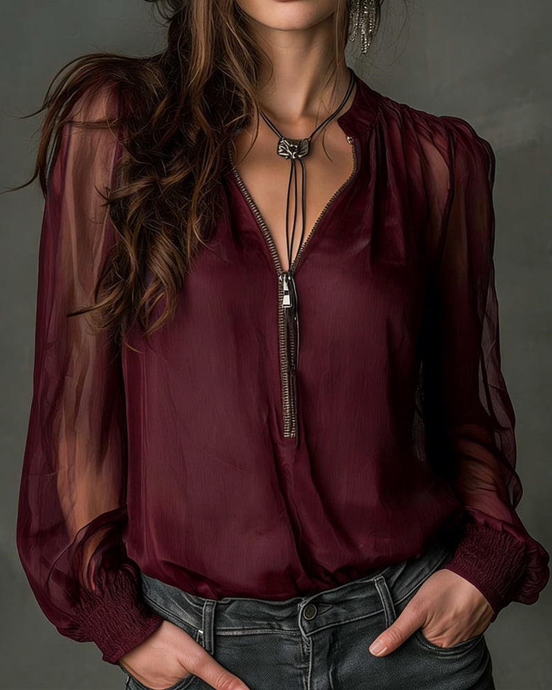 Bluse Halv-glidelås Mesh Lang-ermet