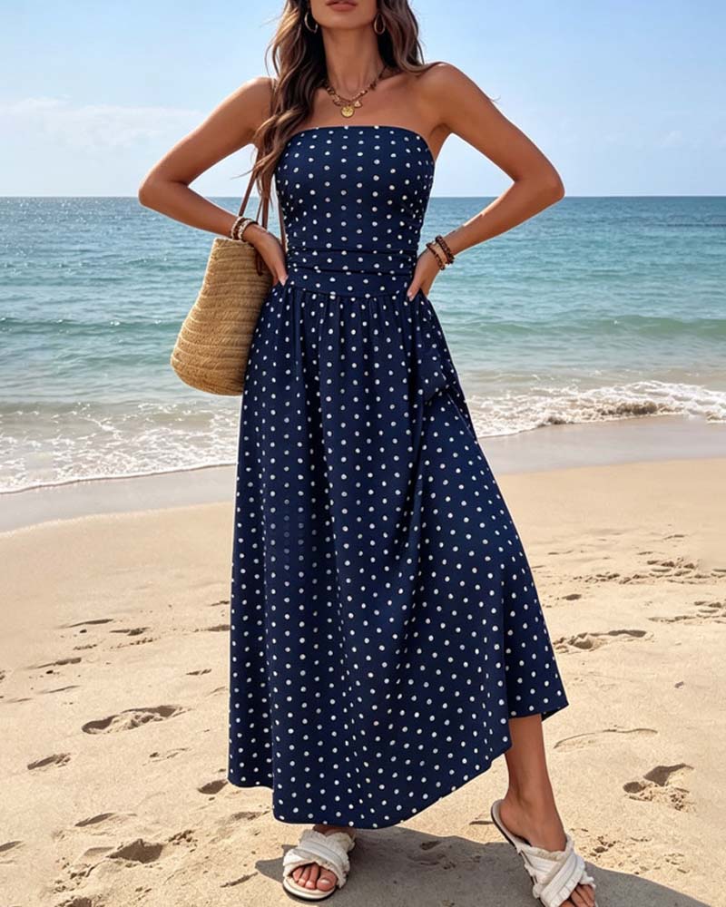 Kjole Prikket Bandeau A-Linje Lang