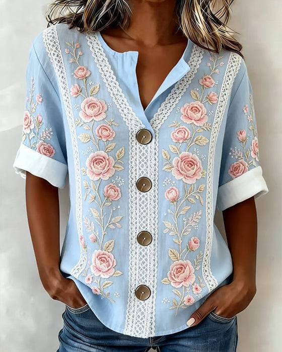 Bluse Rose Treknapp Kortermet