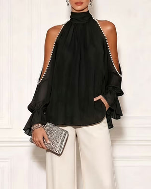 Bluse Turtleneck Off-Shoulder Ruffle